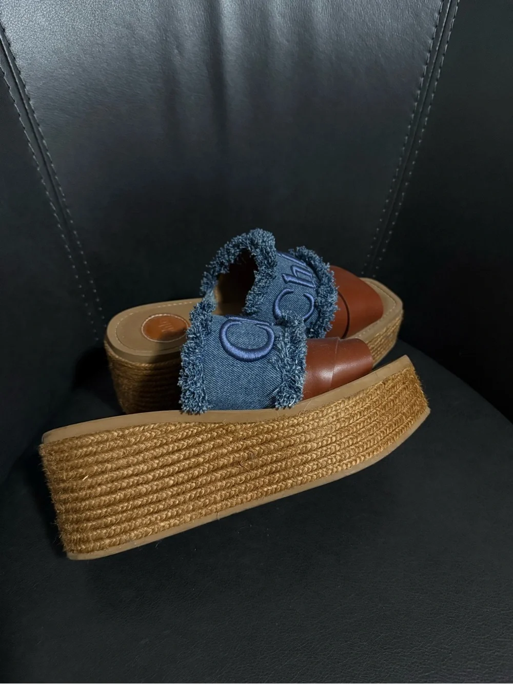 Chloe Blue Denim and Brown Leather Platform Slides